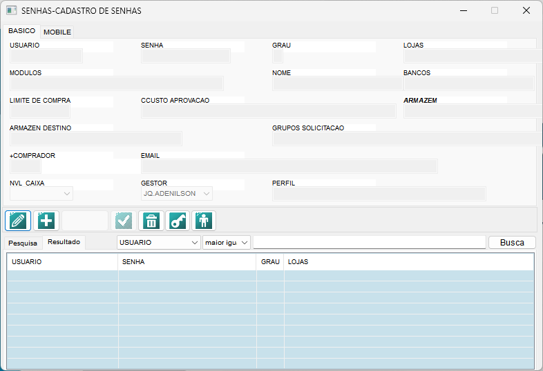 Tela de cadastro de Usuários e Senhas